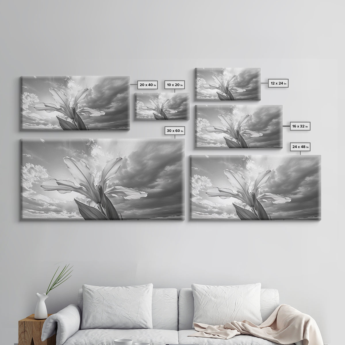 Blooming Iris, Floral Sky, Dreamy Nature, Petal Light, Framed Canvas Print, Modern Bedroom Art, Feminine Wall Art, Botanical Home Decor