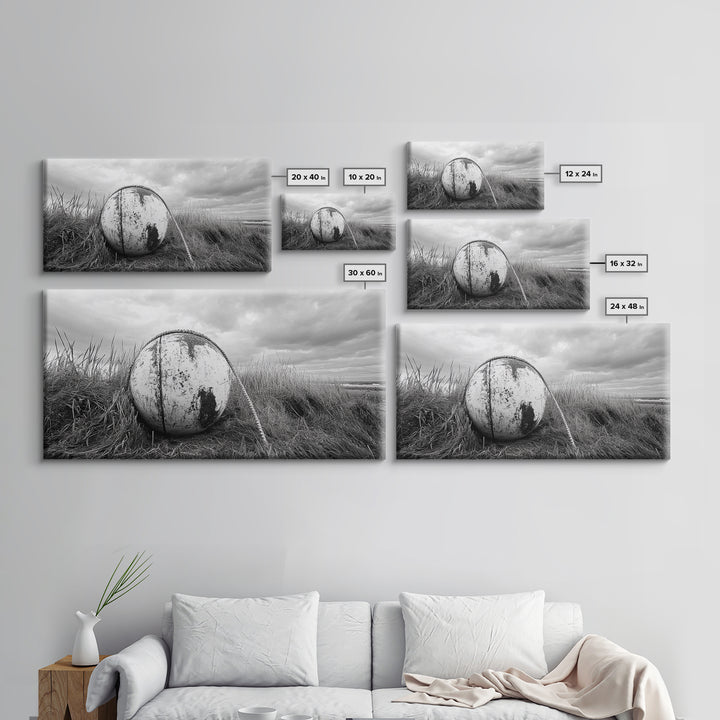 Coastal Buoy, Nautical Sphere, Fishing Rope, Beach Grass, Framed Canvas Print, Coastal Bathroom Art, Seaside Wall Decor, Rustic Style