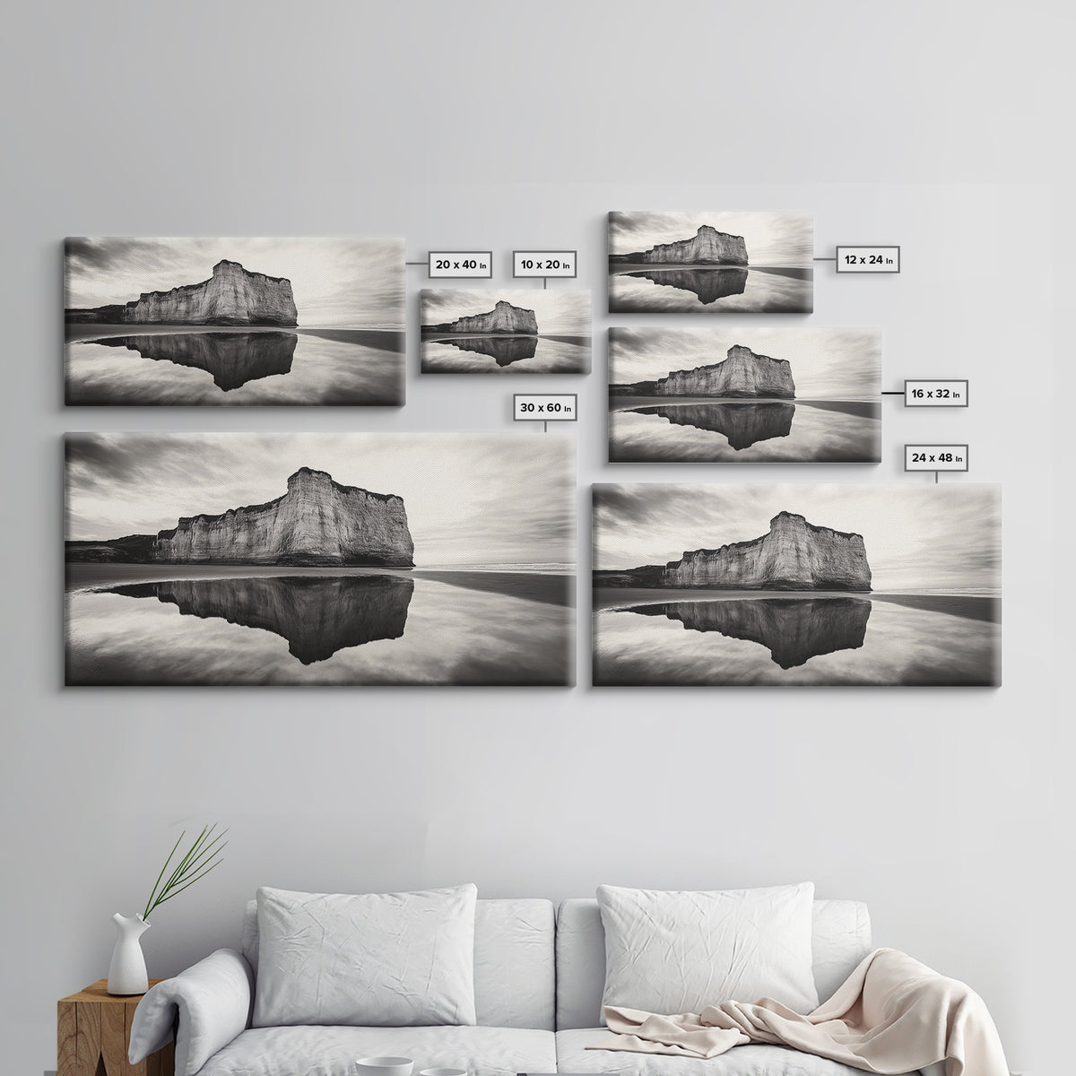 Cliff Reflection, Coastal Monolith, Seashore Beauty, Sunset Vibes, Framed Canvas Print, Living Room Art, Minimalist Beach Scene