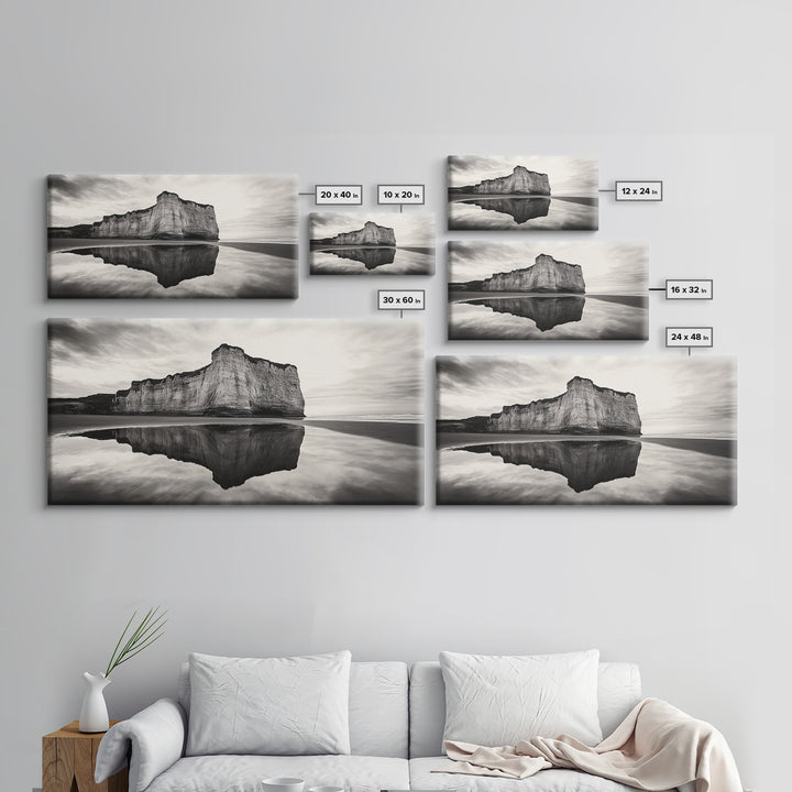 Cliff Reflection, Coastal Monolith, Seashore Beauty, Sunset Vibes, Framed Canvas Print, Living Room Art, Minimalist Beach Scene