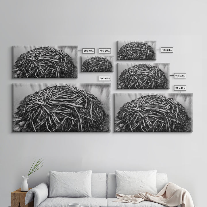 Beaver Lodge, Natural Structure, Earthy River Habitat, Framed Canvas Print, Cabin Wall Art, Nature-Inspired Rustic Fall Decor