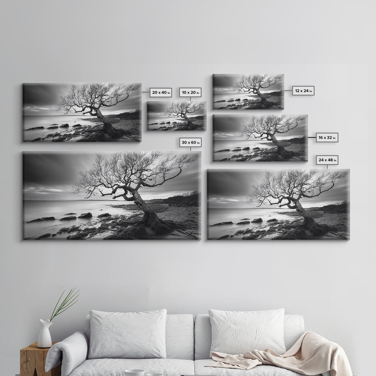 Coastal Tree, Tidal Shore, Windswept Beauty, Natural Balance, Framed Canvas Print, Bedroom Wall Art, Boho Decor, Serene Seascape