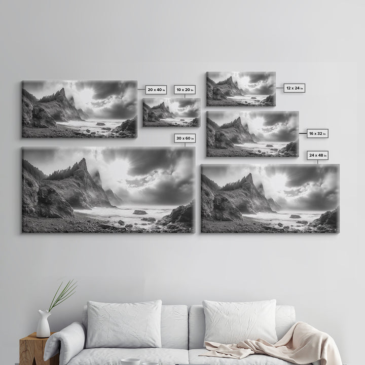 Coastal Cliffside, Stormy Sea, Dramatic Sky, Ocean Mood, Framed Canvas Print, Monochrome Art, Living Room Beach House Decor