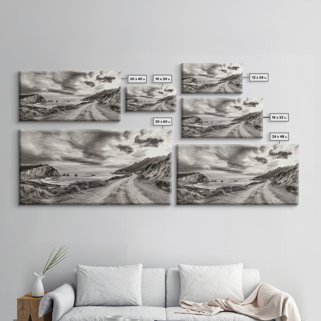 Coastal Road, Scenic Journey, Ocean Path, Cloudy Sky, Framed Canvas Print, Rustic Wall Art, Entryway Wanderlust Landscape, Coastal House