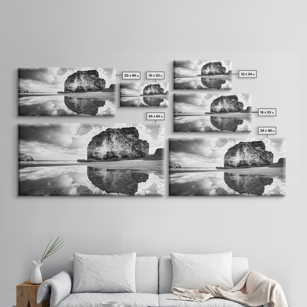 Beach Reflection, Seaside Rock, Cloudy Horizon, Coastal View, Framed Canvas Print, Minimalist Wall Art, Bathroom Ocean Decor