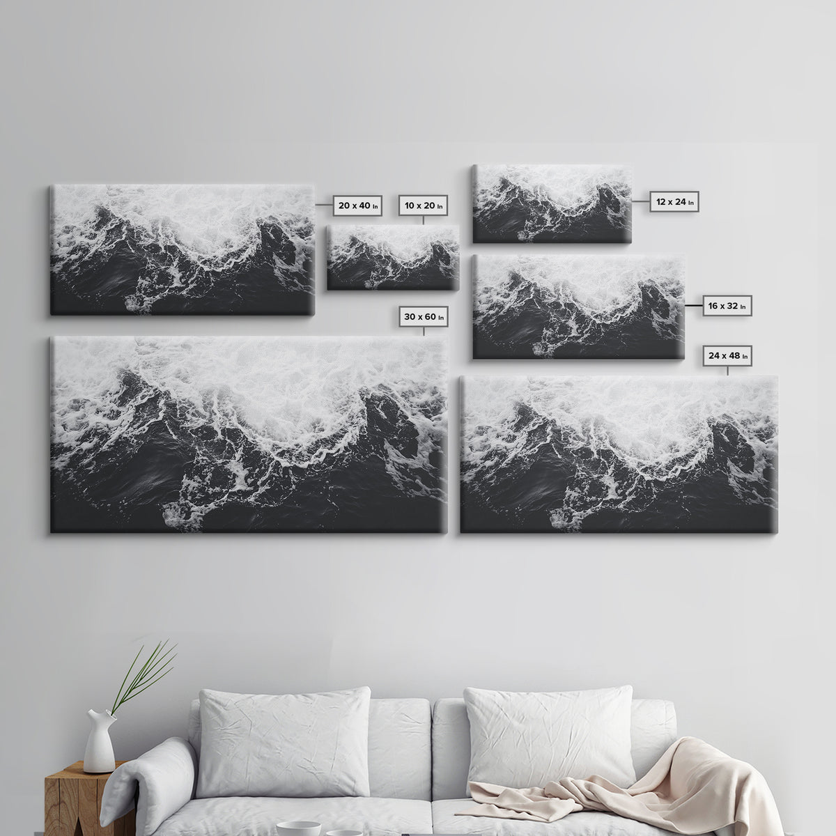Ocean Texture, Crashing Waves, Abstract Sea, Monochrome Motion, Framed Canvas Print, Coastal Wall Art, Bathroom Minimalist Decor