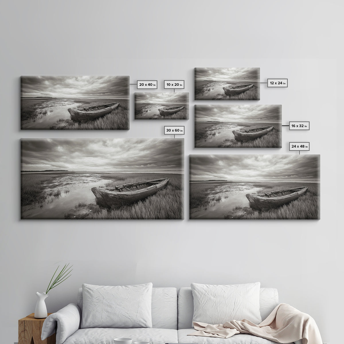 Abandoned Boat, Coastal Marsh Scene, Sepia Seascape, Framed Canvas Print, Living Room Wall Art, Moody Autumn Nautical Decor