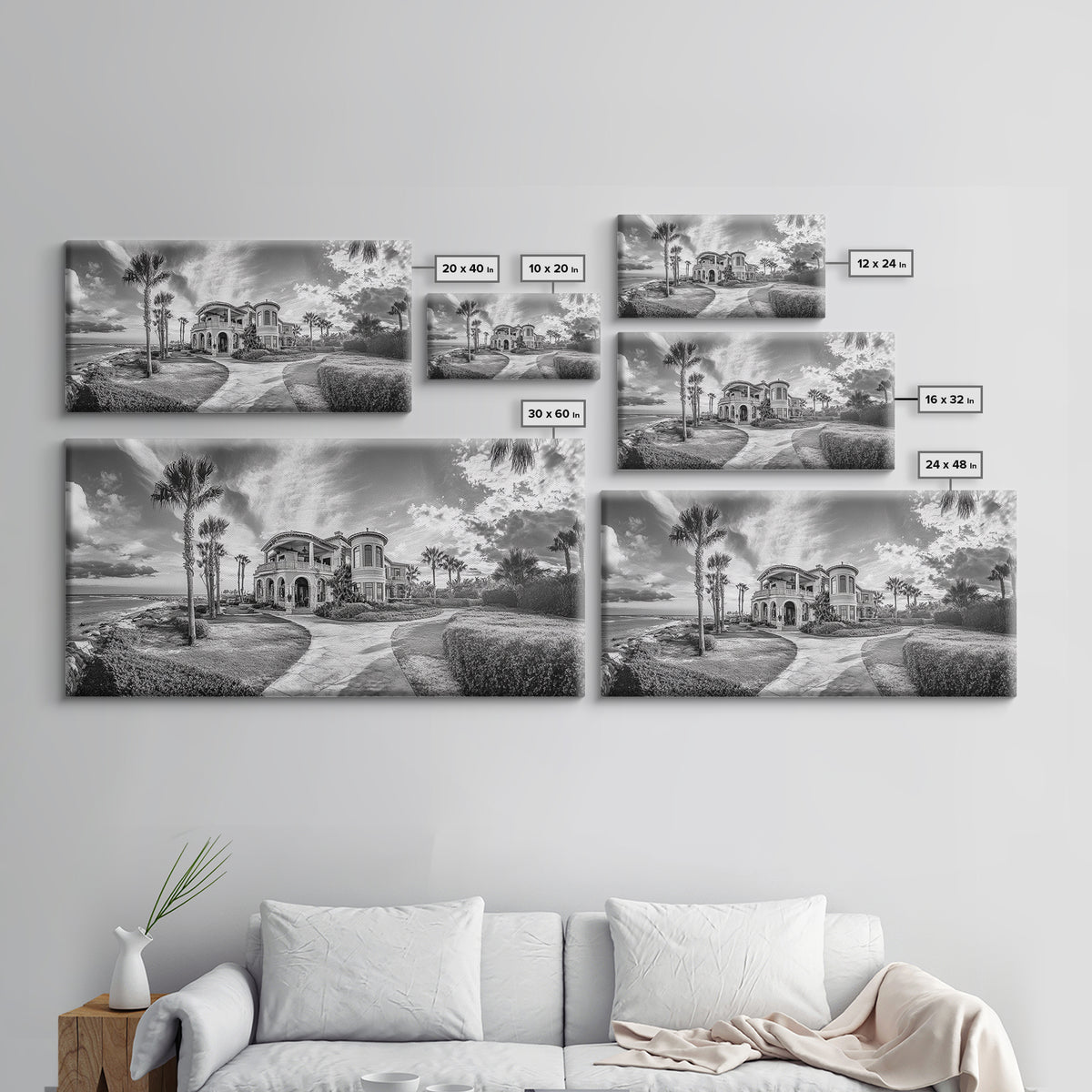 Beach Mansion Wall Art, Tropical Coastal House, Luxury Villa Print, Palm Tree Canvas Print, Living Room Decor, Modern Home Wall Art