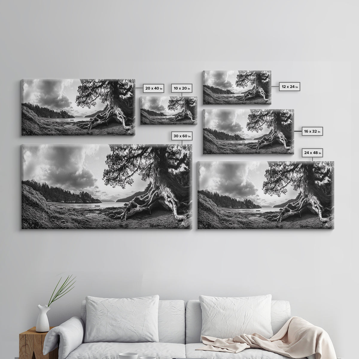 Coastal Tree Roots, Ancient Forest Shore, Pacific Northwest Nature, Moody Black and White Canvas Print, Cabin Wall Art, Woodland Style