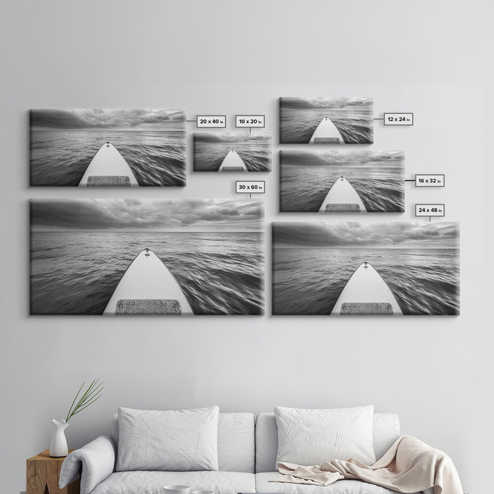 Ocean Horizon Board, Paddleboarding Adventure, Cloudy Sea Landscape, Framed Canvas Print, Modern Coastal Office or Living Room Art