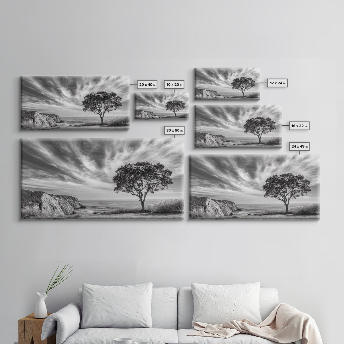 Coastal Tree Cliff, Ocean Breeze Scene, Scenic Nature Vibes, Framed Canvas Print, Boho Bedroom or Serene Living Room Wall Art