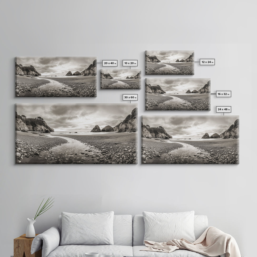 Coastal Pebble Beach, Pacific Shoreline, Serene Nature Landscape, Framed Canvas Print, Neutral Bedroom or Fall Living Room Wall Art