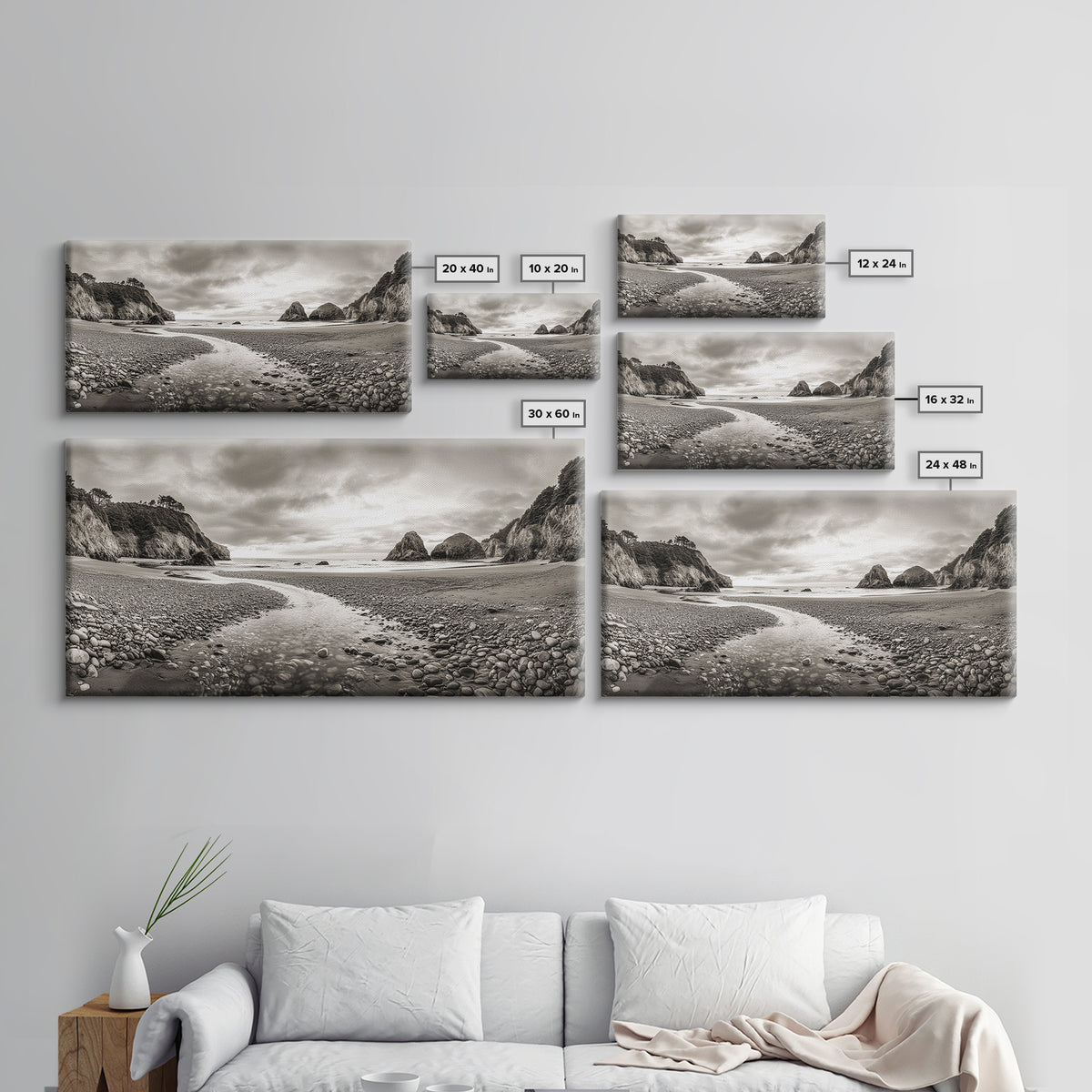 Coastal Pebble Beach, Pacific Shoreline, Serene Nature Landscape, Framed Canvas Print, Neutral Bedroom or Fall Living Room Wall Art
