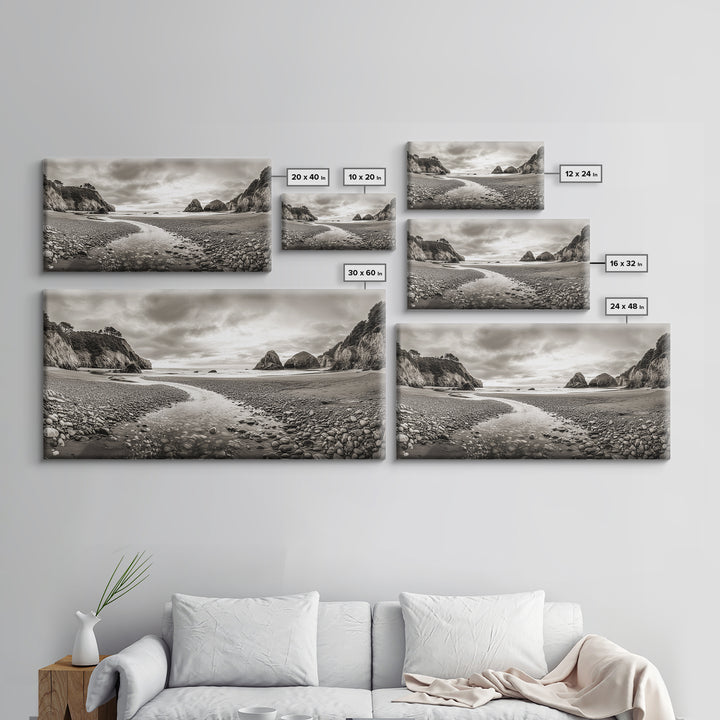 Coastal Pebble Beach, Pacific Shoreline, Serene Nature Landscape, Framed Canvas Print, Neutral Bedroom or Fall Living Room Wall Art
