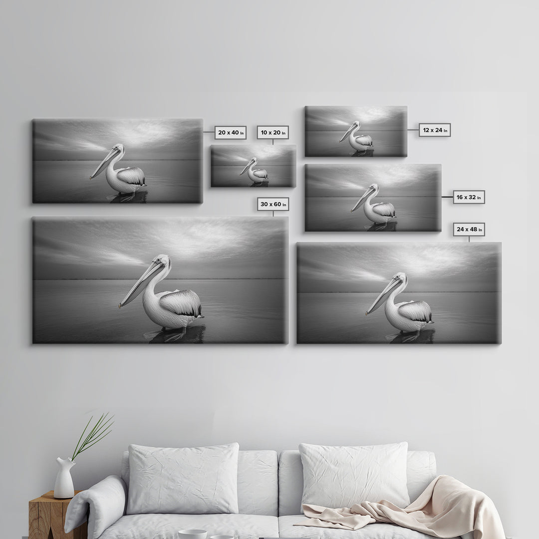Ocean Pelican, Peaceful Bird Portrait, Coastal Wildlife Art, Framed Canvas Print, Minimalist Entryway or Beach House Wall Art
