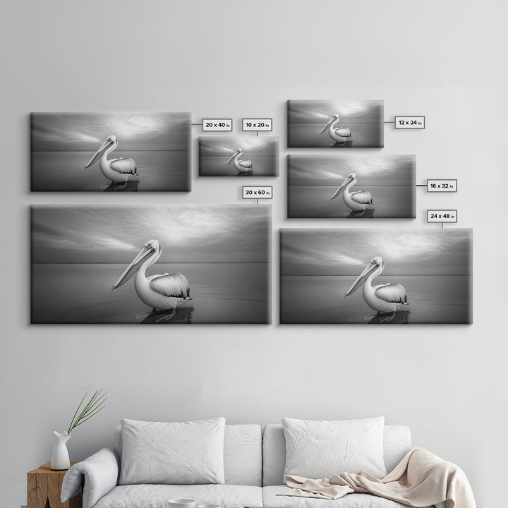 Ocean Pelican, Peaceful Bird Portrait, Coastal Wildlife Art, Framed Canvas Print, Minimalist Entryway or Beach House Wall Art