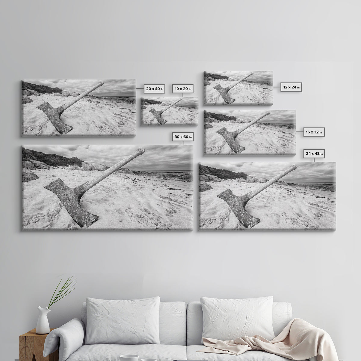 Axe in Sand, Abandoned Tool Scene, Rustic Coastal Mood, Framed Canvas Print, Cabin Wall Art or Moody Fall Living Room Decor, Bathroom Wall Art