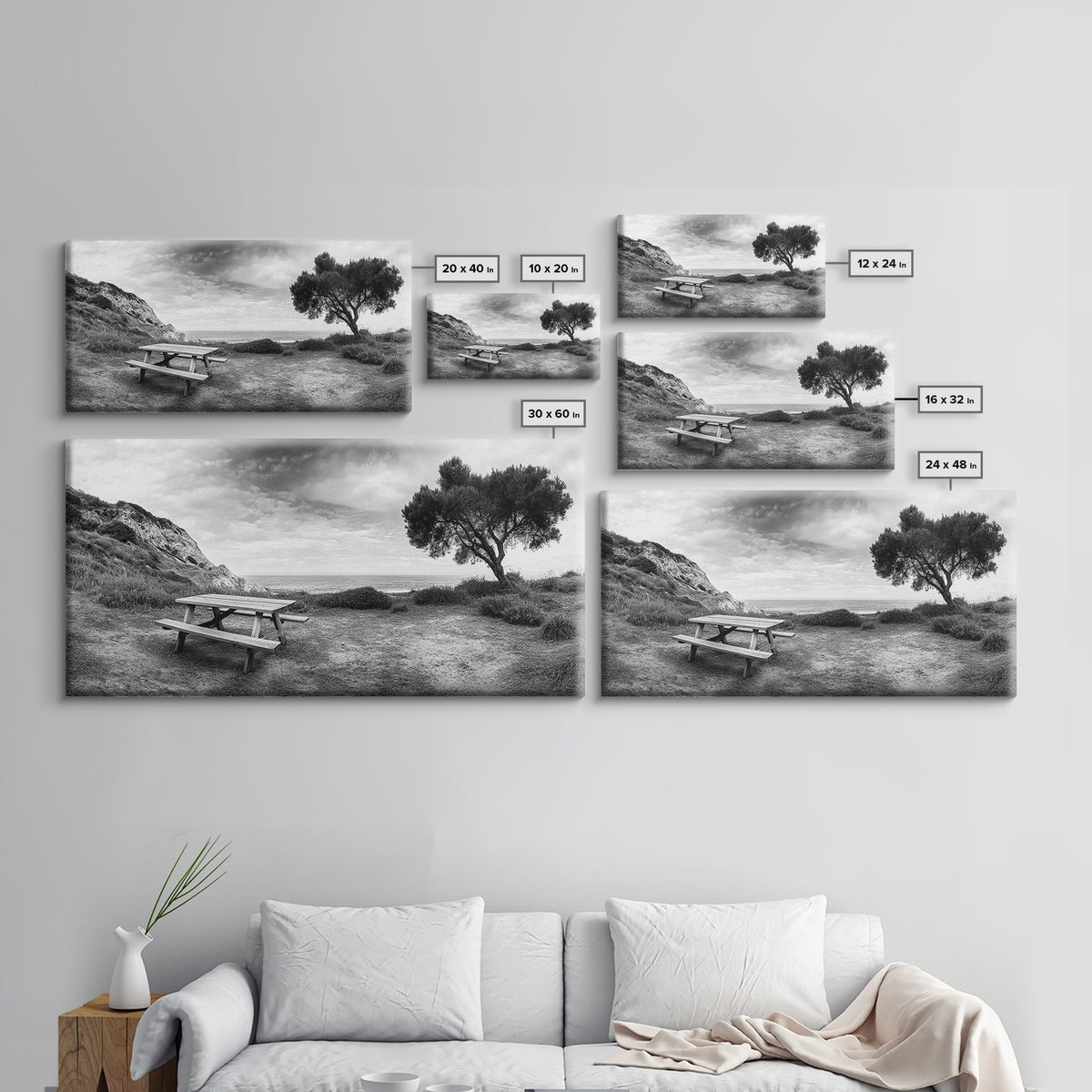 Picnic Table View, Coastal Meadow Scene, Tree and Cliff Horizon, Framed Canvas Print, Relaxing Kitchen or Outdoor Patio Wall Art