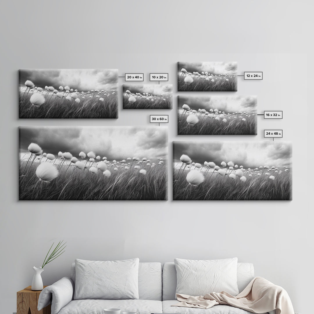 Cotton Grass Field, Stormy Sky Art, Botanical Monochrome, Minimalist Nature Print, Framed Canvas Print, Bedroom Wall Art, Nordic Style