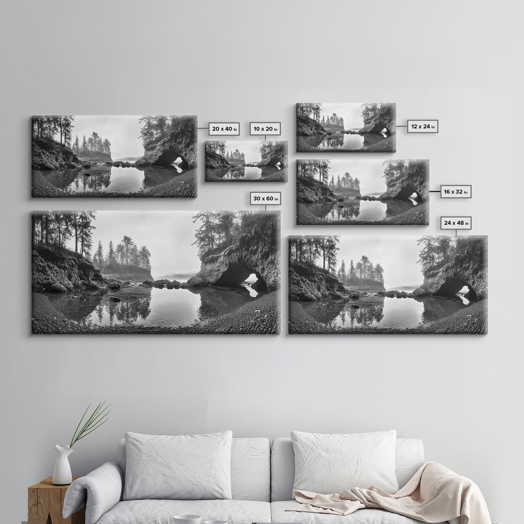 Coastal Cave Reflections, Misty Tidepool Scene, Moody Nature Landscape, Canvas Print, Living Room Wall Art, Black And White Art