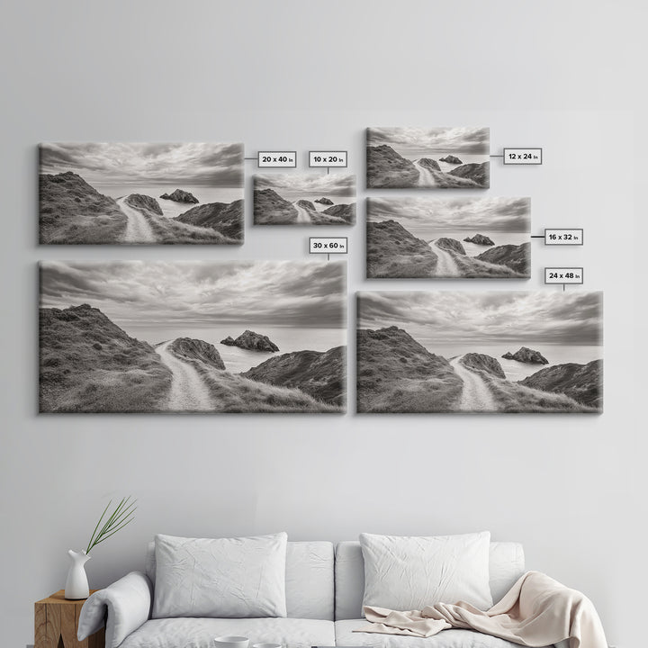 Coastal Cliff Path, Ocean View Trail, Windswept Grass Art, Seaside Wall Decor, Framed Canvas Print, Bedroom Art, Nature Lover Gift