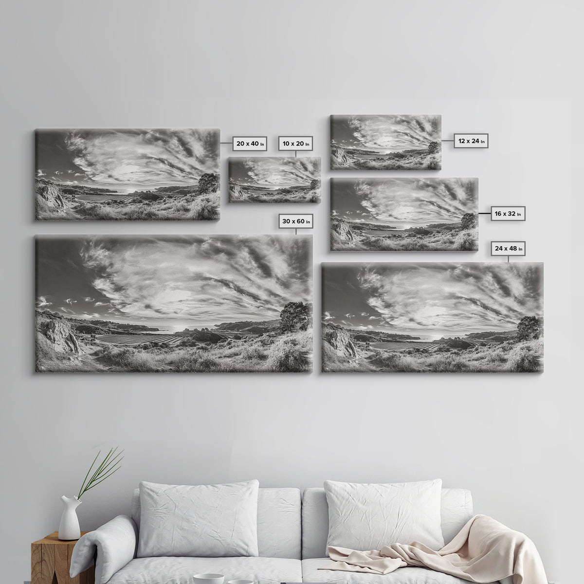 Coastal Hillside Sunset, Vineyard Ocean View, Rolling Landscape Art, Framed Canvas Print, Kitchen Wall Art, California Scenery