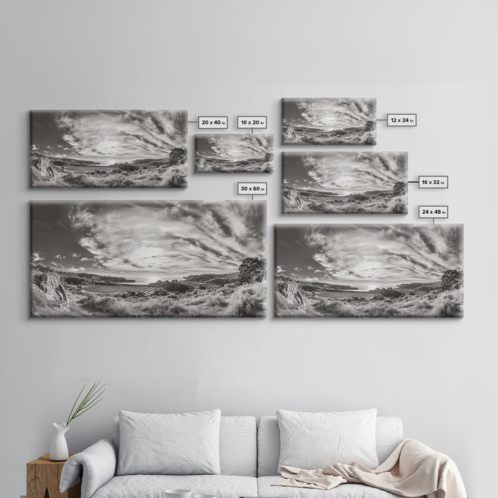 Coastal Hillside Sunset, Vineyard Ocean View, Rolling Landscape Art, Framed Canvas Print, Kitchen Wall Art, California Scenery