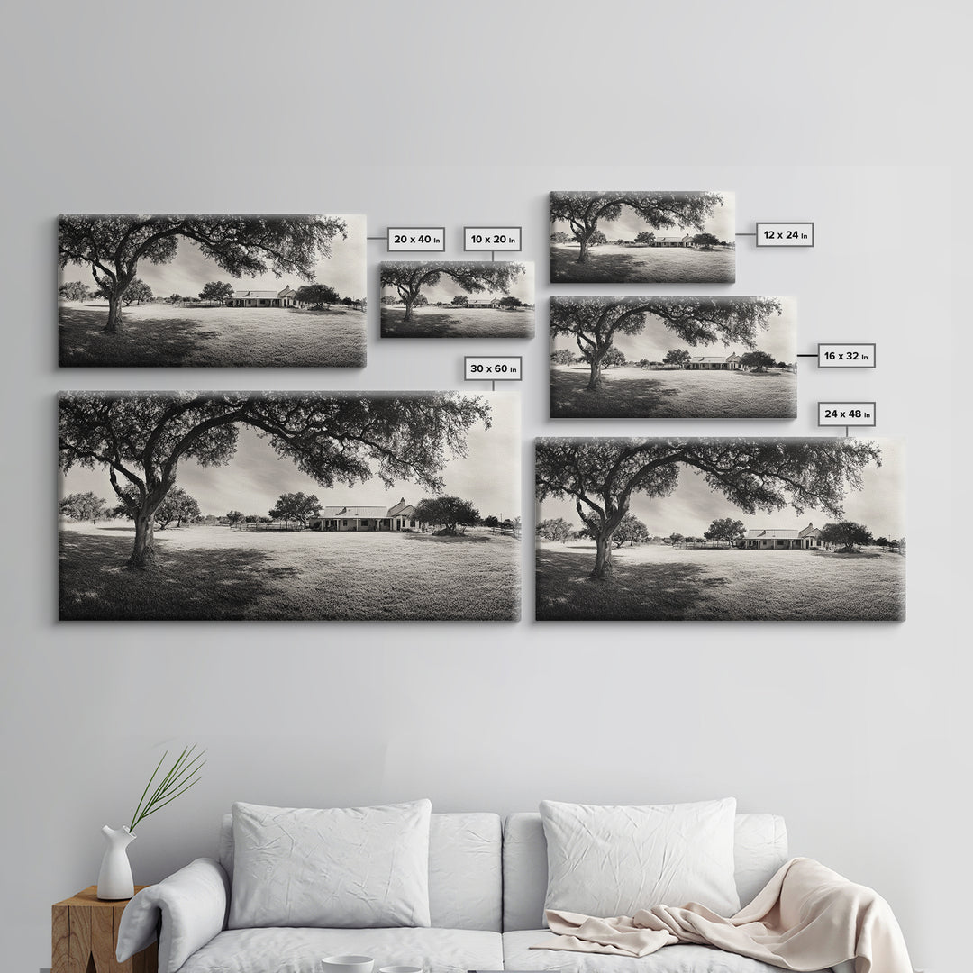Country Farmhouse Shade, Texas Ranch Home, Oak Tree Horizon, Framed Canvas Print, Rustic Decor, Entryway or Dining Room Art