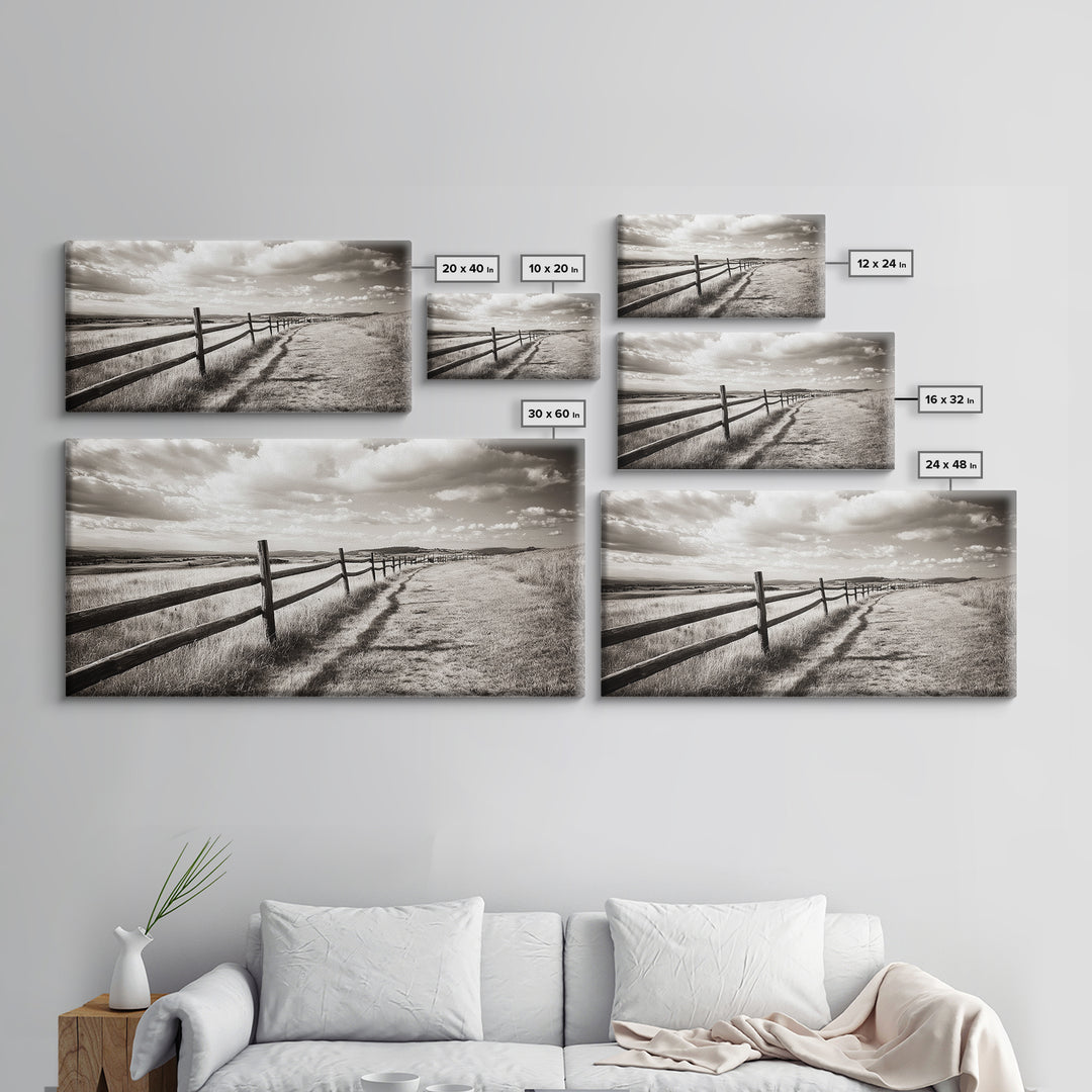 Countryside Fence Trail, Rolling Hills Walk, Prairie Path View, Framed Canvas Print, Western Art, Fall Wall Decor, Office Wall Art