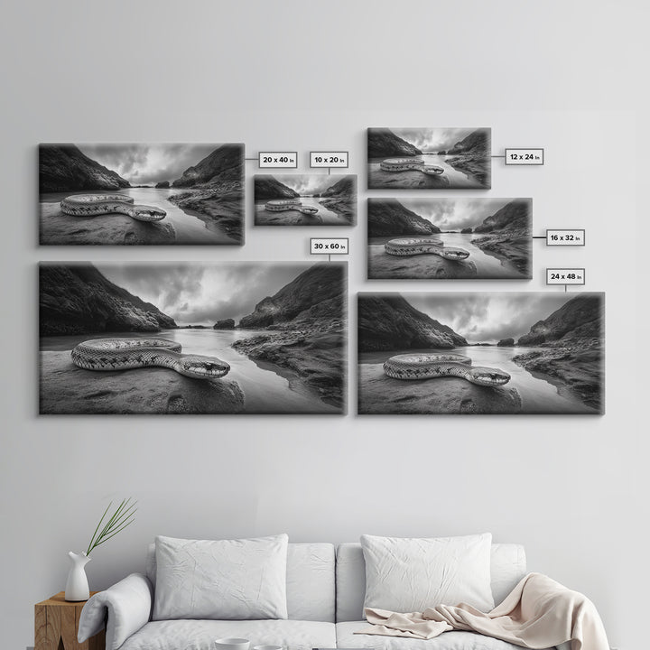Ocean Snake Landscape, Coastal Creature Scene, Black and White Reptile, Framed Canvas Print, Moody Art, Bedroom or Den Decor