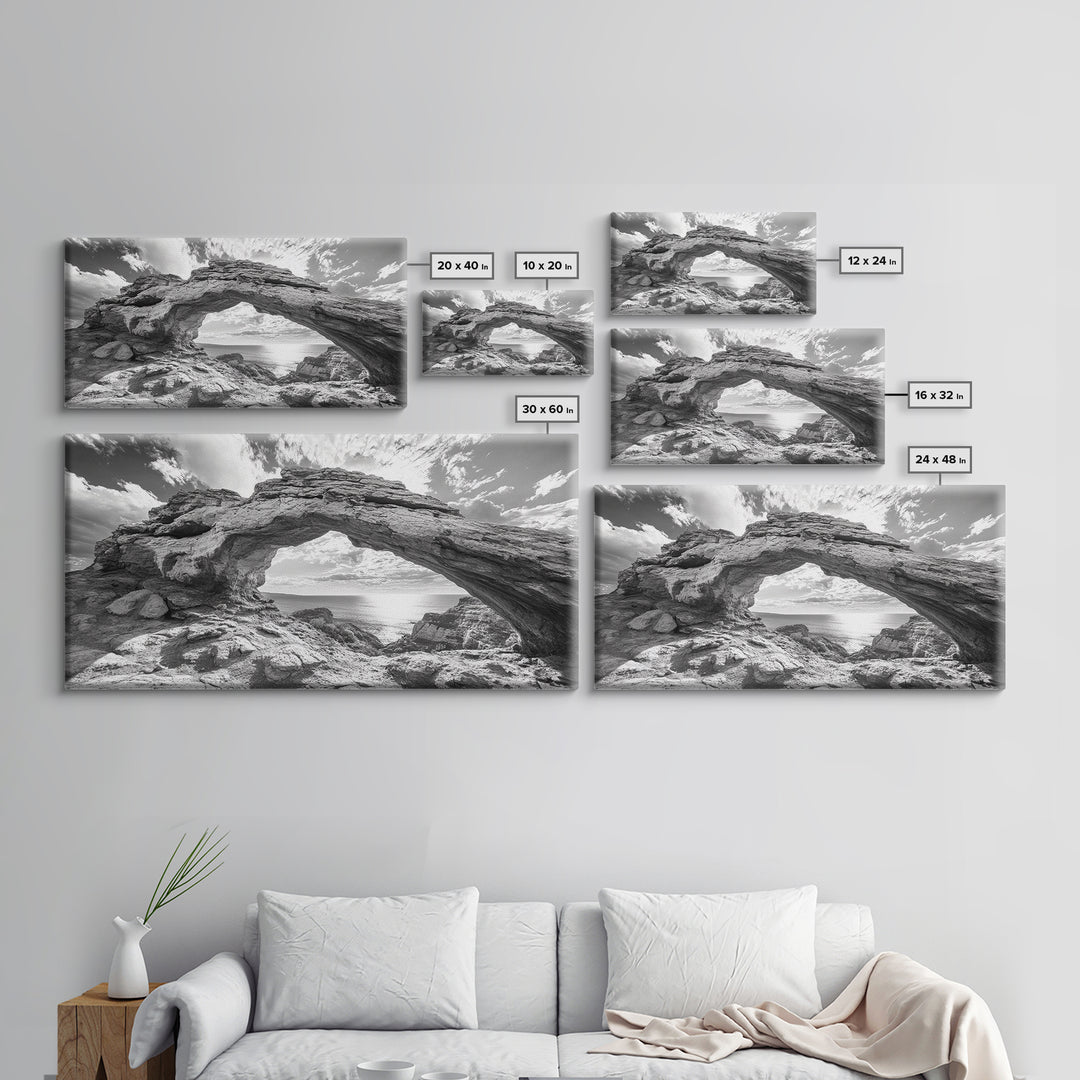 Natural Rock Arch, Seaside Cliff View, Desert Coastal Window, Framed Canvas Print, Boho Earth Tones, Living Room Wall Decor