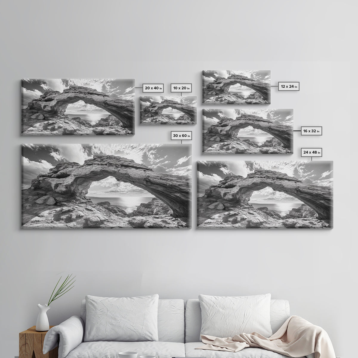 Natural Rock Arch, Seaside Cliff View, Desert Coastal Window, Framed Canvas Print, Boho Earth Tones, Living Room Wall Decor