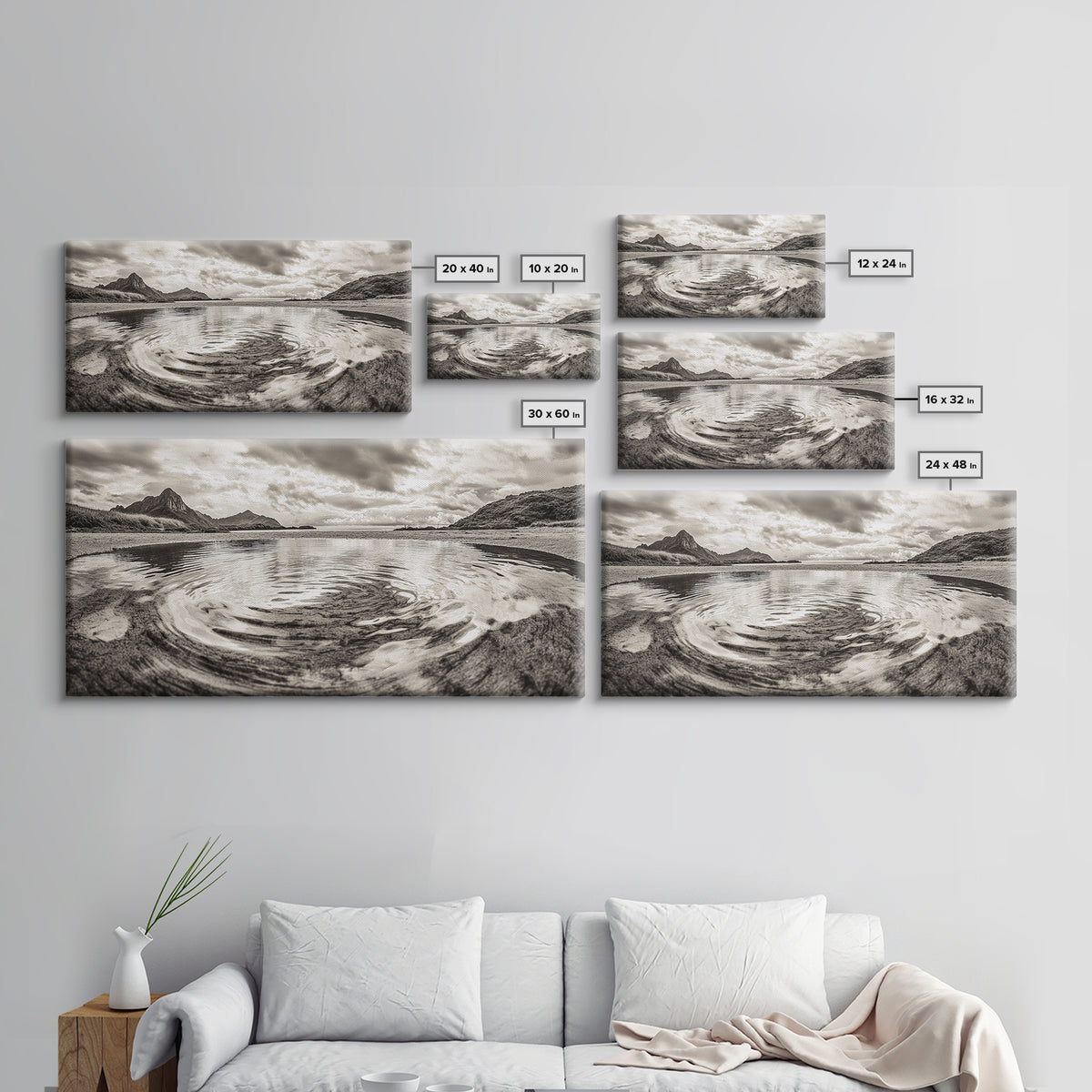Rippled Water, Mountain View, Serene Beach, Nature Landscape, Canvas Print, minimalist art, spa decor, Scandinavian wall accent
