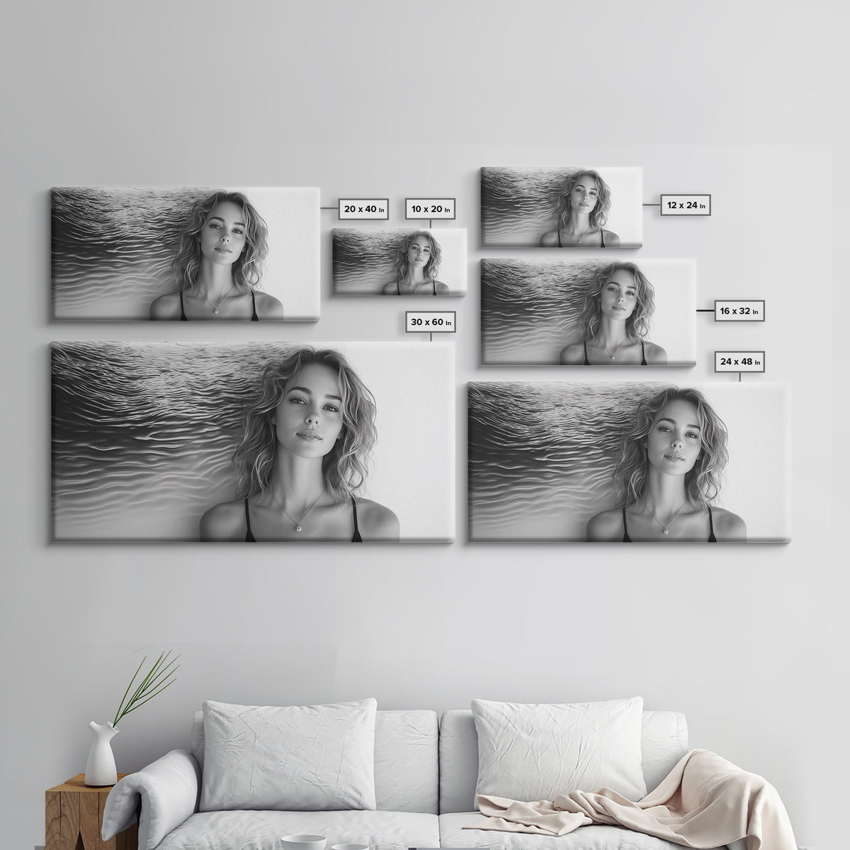 Ocean Texture, Abstract Waves, Modern Female, Artistic Portrait, Canvas Print, fashion wall art, glam room decor, minimal black white