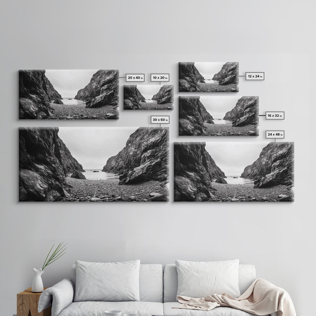 Rocky Cove, Ocean Gap, Cliffside Path, Secluded Coast, Framed Canvas Print, adventure wall art, man cave, grayscale wilderness print