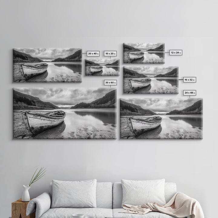 Abandoned Boat, Mountain Lake, Moody Shore, Nature Reflections, Framed Canvas Print, cabin wall art, explorer decor, grayscale nature