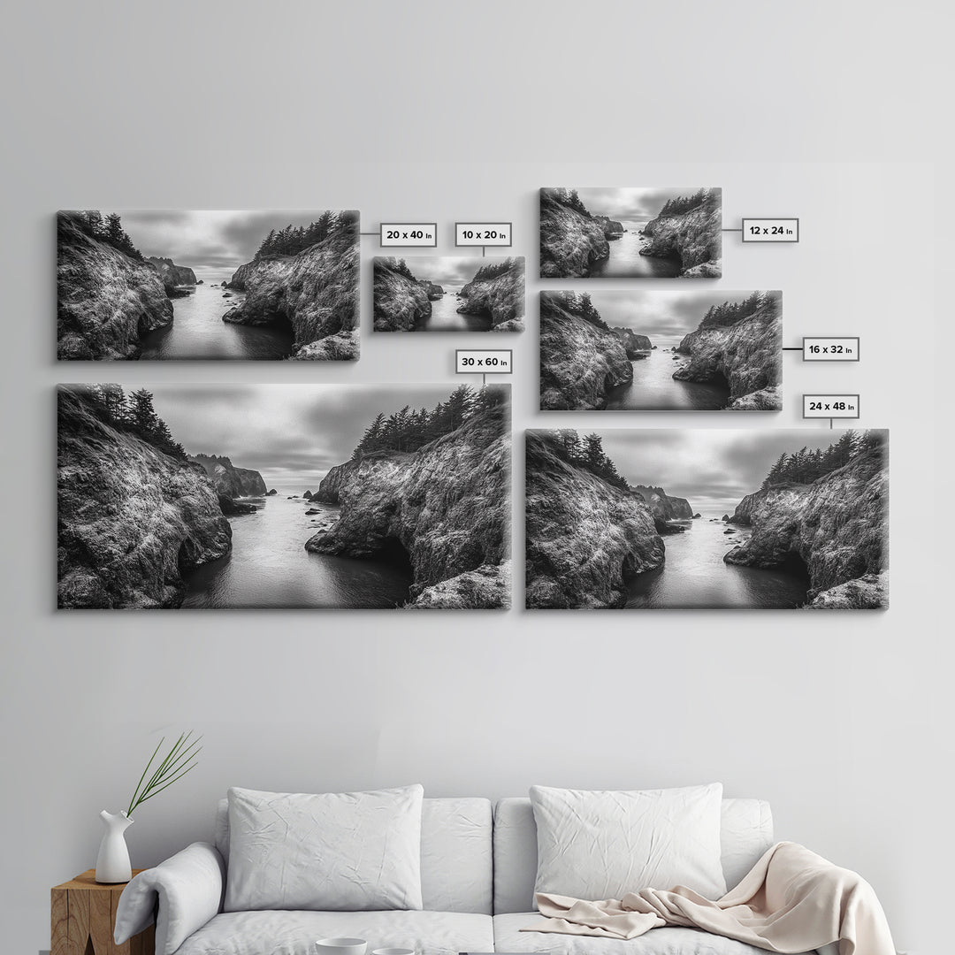 Ocean Passage, Cliff Channel, Rugged Coast, Forest Horizon, Canvas Print, dramatic nature art, large wall piece, hallway landscape art