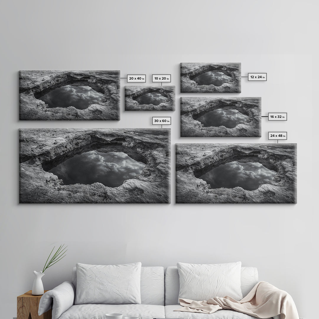 Sky Reflection, Stone Pool, Abstract Nature, Moody Minimalist Art, Framed Canvas Print, Bedroom Wall Art, Contemporary Monochrome Decor