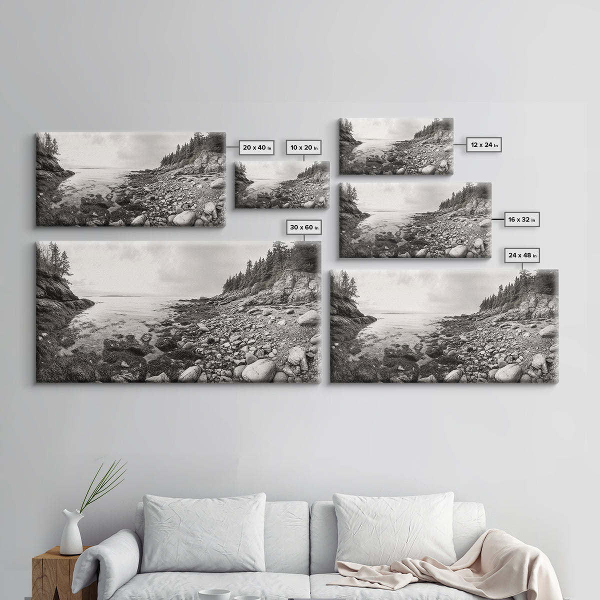 Rocky Coast, Forest Edge, Tranquil Shoreline, Earthy Landscape Scene, Canvas Print, Neutral Home Decor, Rustic Cabin Wall Art