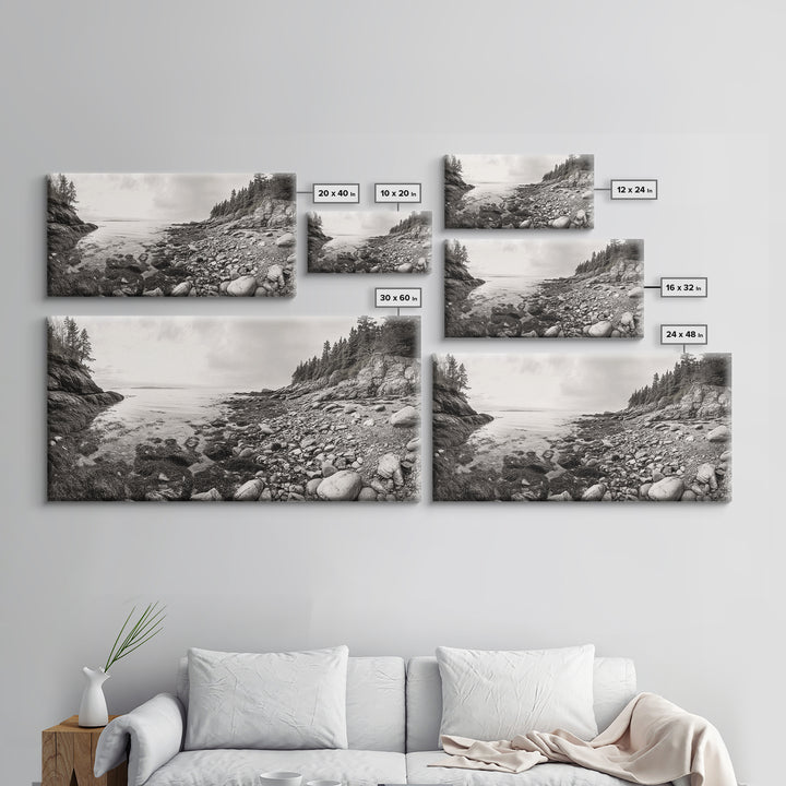 Rocky Coast, Forest Edge, Tranquil Shoreline, Earthy Landscape Scene, Canvas Print, Neutral Home Decor, Rustic Cabin Wall Art