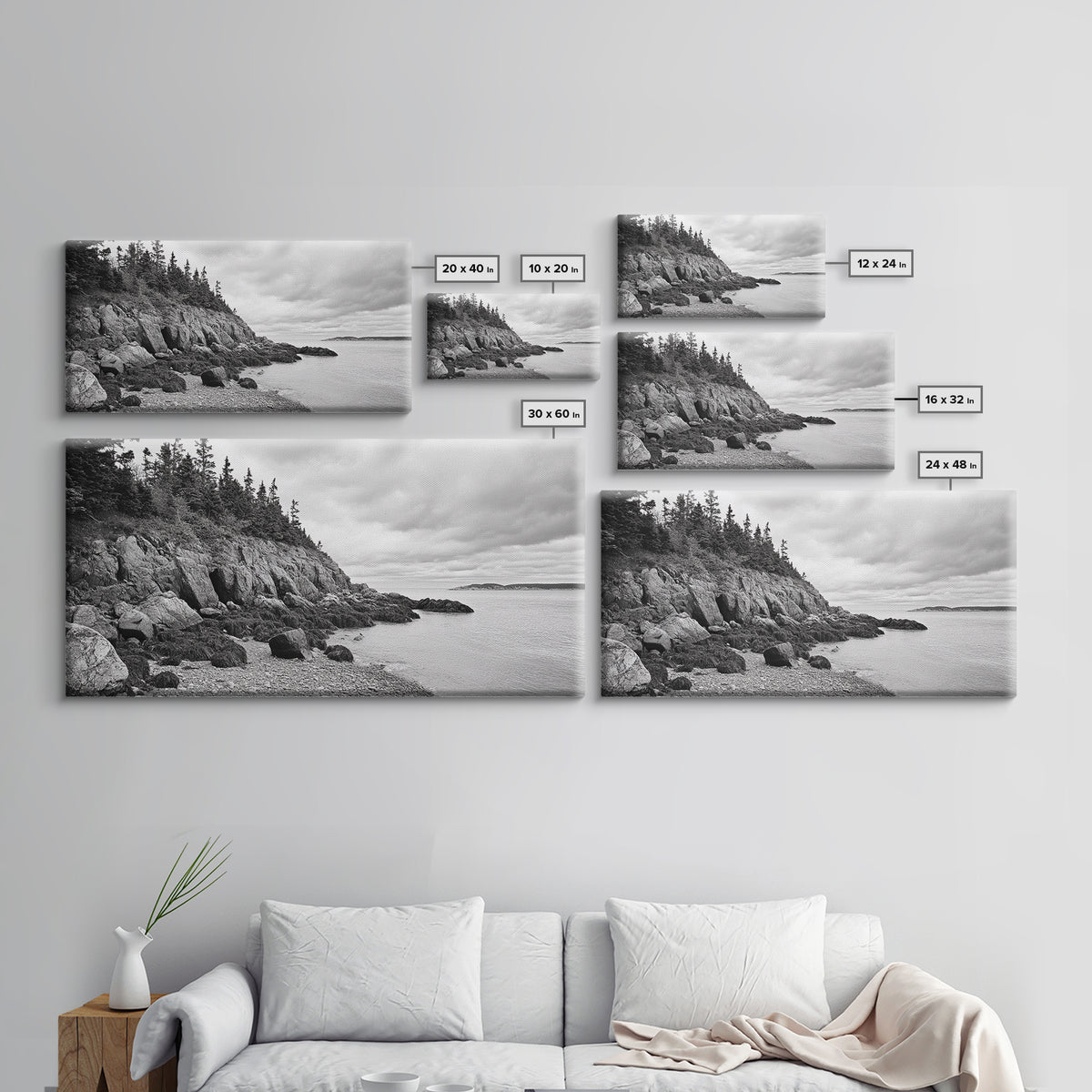 Rocky Shore, Coastal Forest, Black White Landscape, Nature Wall Decor, Framed Canvas Print, Cabin Living Room Art, Fall Inspired Scene