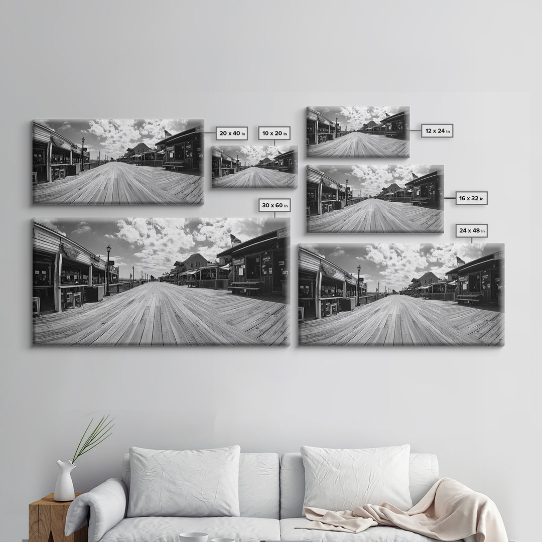Boardwalk View, Beach Shops, Summer Scene, Coastal Town, Framed Canvas Print, Nautical Wall Art, Dining Room Coastal Decor
