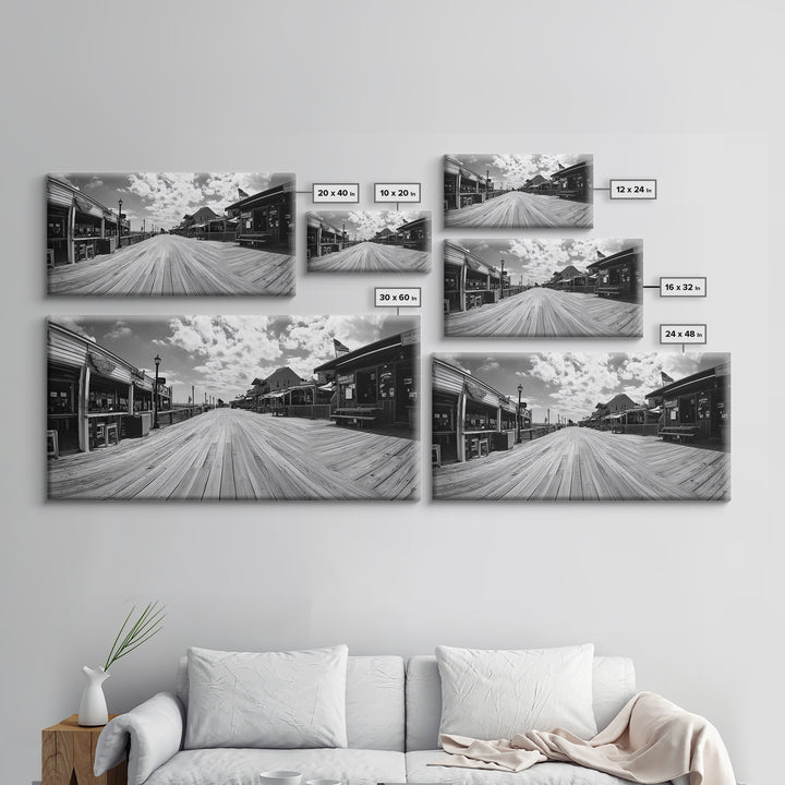 Boardwalk View, Beach Shops, Summer Scene, Coastal Town, Framed Canvas Print, Nautical Wall Art, Dining Room Coastal Decor