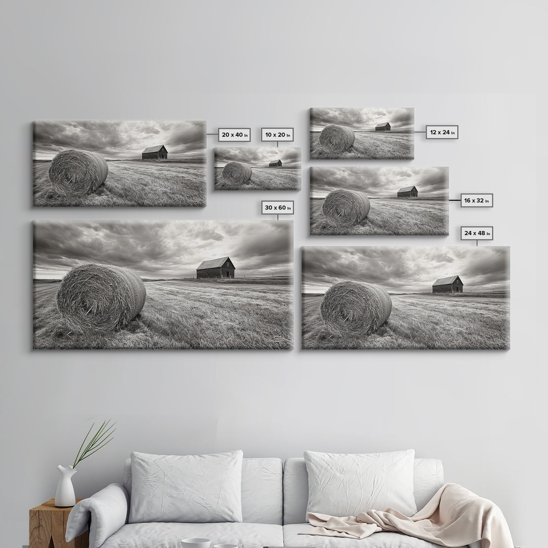 Barn Field, Hay Bale, Rural Farmland Scene, Autumn Countryside Art, Canvas Print, Farmhouse Wall Decor, Rustic Fall Living Room Art