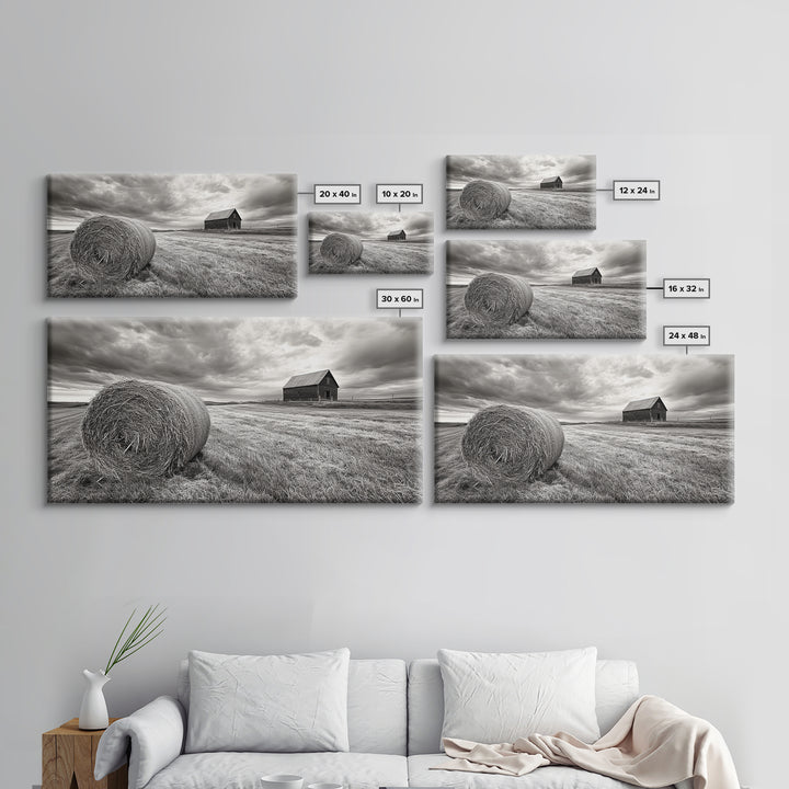 Barn Field, Hay Bale, Rural Farmland Scene, Autumn Countryside Art, Canvas Print, Farmhouse Wall Decor, Rustic Fall Living Room Art