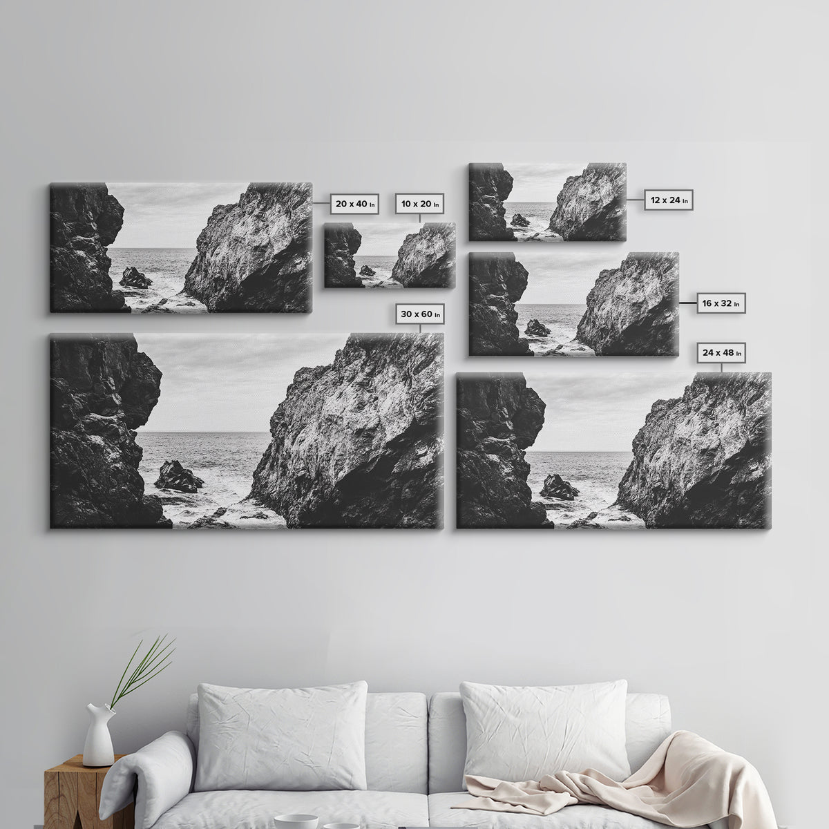 Rocky Coast View, Ocean Cliffs Art, Coastal Wilderness, Monochrome Seascape, Canvas Print, Bathroom Wall Art, Rustic Minimalist Style