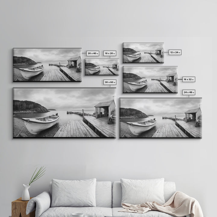 Rowboat Dock, Harbor Scene, Calm Waters, Quiet Morning, Framed Canvas Print, Lakeside Cabin Wall Art, Rustic Nautical Decor, Cabin Decor