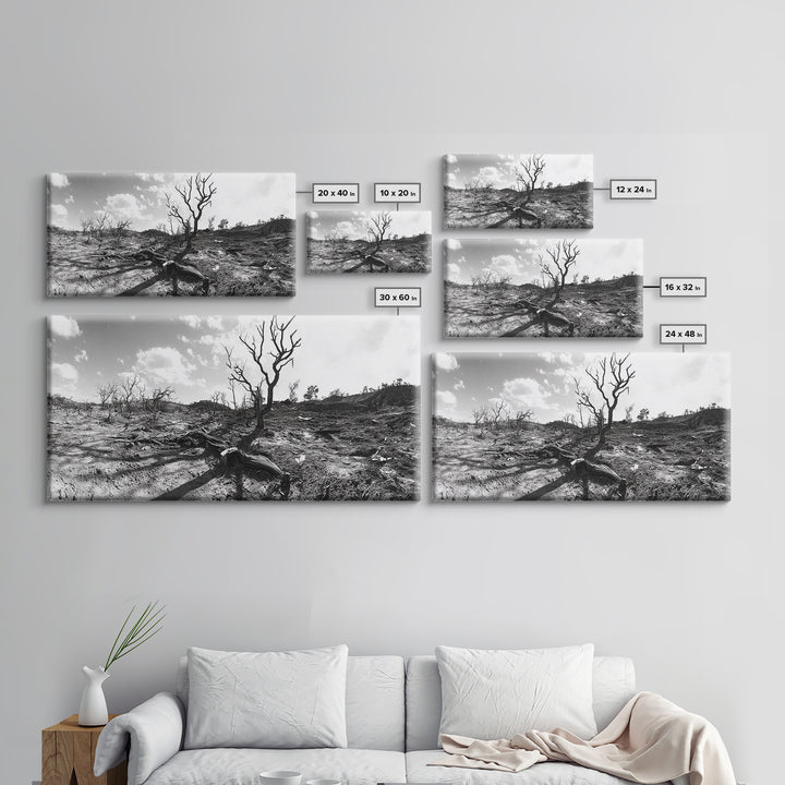 Barren Tree Landscape, Post Fire Terrain, Dystopian Forest Scene, Survival Mood, Canvas Print, Office Wall Art, Dark Nature Decor
