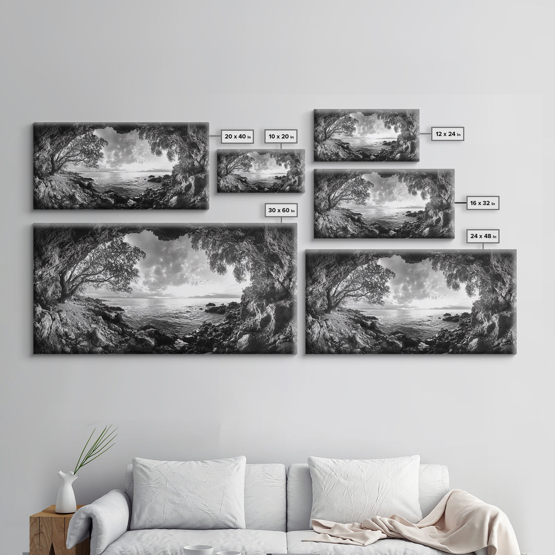 Ocean Cave View, Coastal Tree Framing, Tranquil Sea Scene, Nature Window Art, Framed Canvas Print, Bedroom Wall Art, Zen Decor