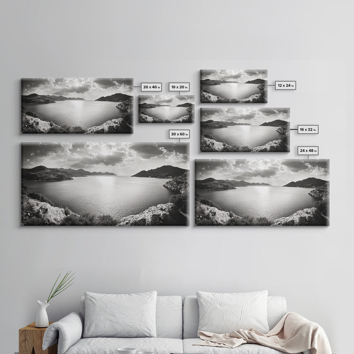 Ocean Sunset View, Mountain Coast Landscape, Black and White Art, Canvas Print, Minimalist Decor, Living Room Wall Art, Tranquil Home Style